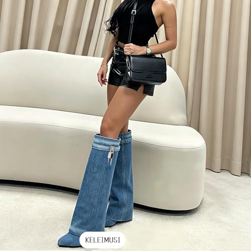 Image of keleimusi Fold Over Wedge Boots Heeled PadLock Pant Knee High Shoes Tall /Short Booties