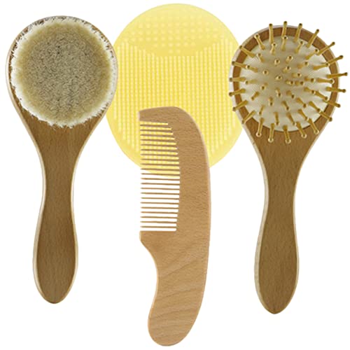 DECHOUS 4pc Baby Hair Brush Set Wool Brush Wooden Comb Silicone Scrubber for Newborn Baby