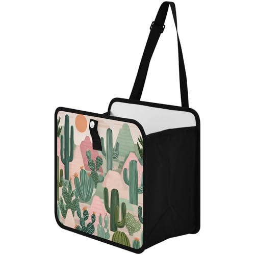 Image of Car Trash Can Organizer Bin with Adjustable Strap for Back Front Seat Console Waterproof Leakproof Collapsible Portable 8.66 Inch Boho Cacti Mountains and Sun