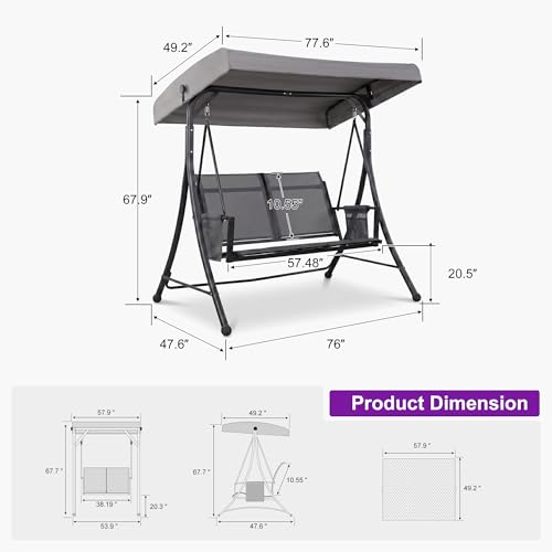 Image of PURPLE LEAF Porch Swing with Adjustable Tilt Canopy 2-Seat Patio Swing with Stand and Metal Steel Frame All-Weather Outdoor Swing Chair Seat Space-Saving for Backyard Garden Deck (Grey)