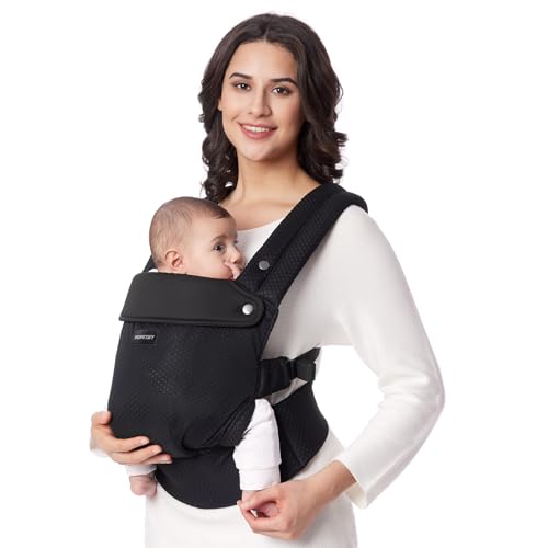 Momcozy Baby Trage - Leichte & Atmungsaktive Netz-Babytrage, Ergonomische Babytrage f&uuml;r 3-24 Monate, Mit X-R&uuml;cken Design und verbesserter Lendenst&uuml;tze, F&uuml;r ganzj&auml;hrigen Komfort, Air Mesh-Schwarz