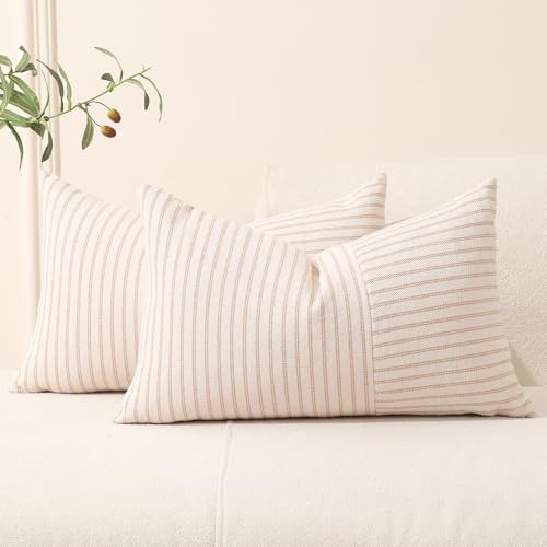 Hckot Lot de 2 housses de coussin lombaire d'extérieur en lin à rayures kaki et beige pour canapé, chaise, chambre à coucher, décoration de printemps...