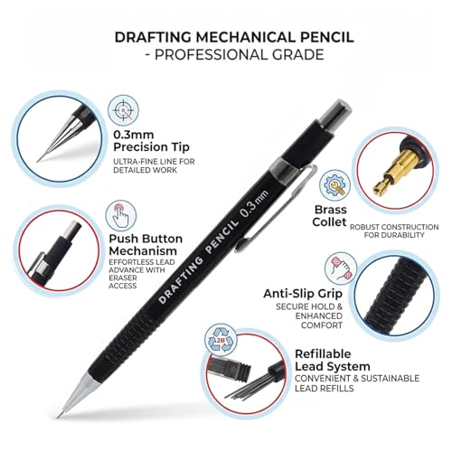 Image of Isomars Draftex Mechanical Pencil 0.3mm (2B) Black with 10 Extra Leads & Eraser | Drafting Pencil for Technical Drawing, Sketching, Engineering, Architecture & Writing