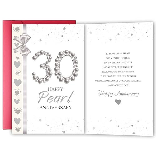 30 Year Anniversary Card for Wife Husband, Pearl Wedding Anniversary Card for Couples Him Her, 30th Marriage Milestone Greeting, Romantic Pearl Jubilee Gift for Spouse Partner