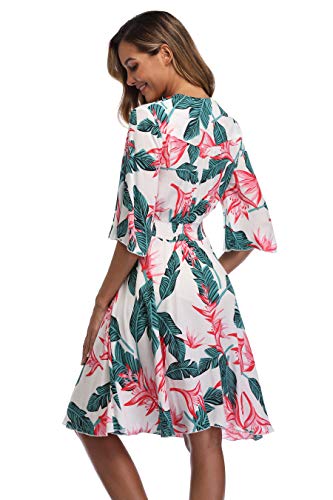 Image of VintageClothing Women's Floral Sundresses Flowy Boho Summer Beach Dress | Lightweight Breathable material,Elegant V Neck and Button Front Design,Flared Bell Sleeve Cut,Mini Casual dress