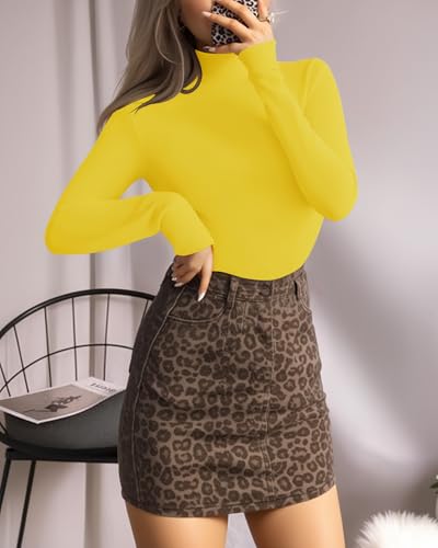 Image of MANGOPOP Women's Mock Neck /Turtle Neck Long Sleeve Modal Bodysuit Jumpsuit (Mock Neck - Yellow, XX-Large)
