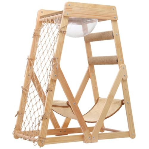 キャットタワー 猫タワー 木目調 クライミングネット、サイザル猫爪とぎポスト、ハンモック付き 猫のおもちゃ MumuElf 角丸加工 猫 階段 ステップ コンパクト 多頭飼い 組み立て式 猫遊び用 運動不足解消 (梯形- 51.5*70*85cm)