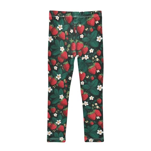 Girls' Athletic Leggings Ankle Length Yoga Dance Pants Kids Teen 4T Strawberry Leaves2