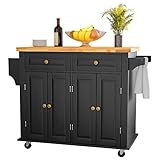 Squireewo Kitchen Cart with Wood Top Breakfast Bar, Rolling Mobile Kitchen Island Table on Wheels wi