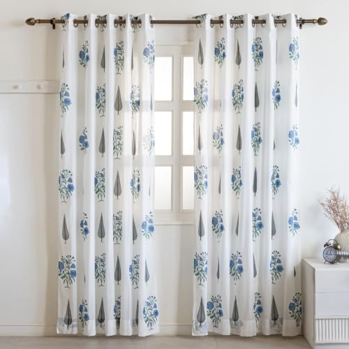 Image of Clasiko Block Print Sheer Door Curtains; 40% Light Filtering Linen Textured Curtains with Eyelets & Tieback; Set of 2; 54x60 Inches / 5 Feet; Vintage Bloom
