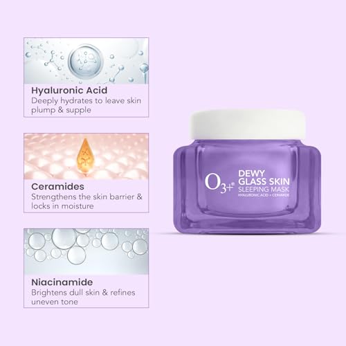 Image of O3+ Dewy Glass Skin Sleeping Mask with 2% Hyaluronic Acid & Ceramides 50gm | Overnight Deep Hydration, Skin Barrier Repair, Radiance Boost, Smooth Texture & Soft Plump Morning Glow | Sleeping face mask