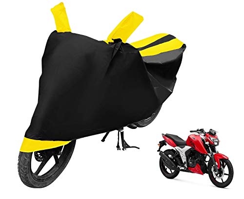 Image of Auto Hub Bike Cover Compatible with TVS Apache RTR 160 with Mirror Pocket, Dustproof, Heat Resistant, Triple Stitched, Apache 160 Bike Cover- Black, Yellow