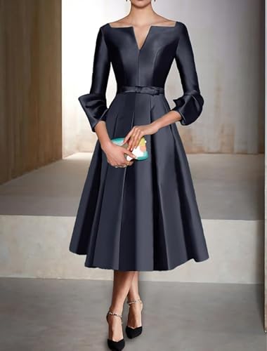 Satin Mother of The Bride Dresses for Women Tea Length Long Sleeve Wedding Guest Dress A Line Evening Gown4