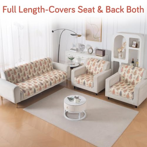 Image of HOKIPO Royal Kalamkari Quilted Sofa Cover 5 Seater with Tassels Set - Sofa Cover for Seat & Back | 'Tassel Twigs' Series (NEW-IN-991-T2 + IN-989-T2)