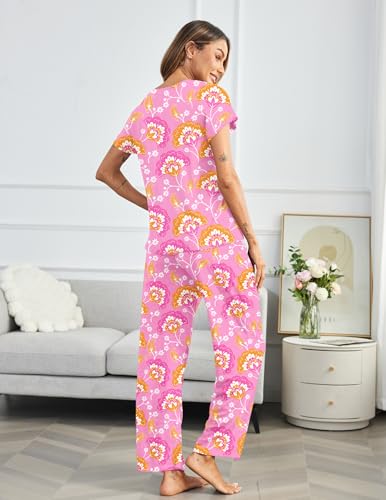 Image of Ekouaer Pajama Sets for Women Round Neck Pjs Short Sleeve Sleepwear with Long Pants Loose Lounge Sets
