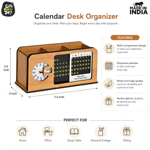 Image of GKD Wooden Desk Organizer with Perpetual Calendar & Pen Stand for Office Desk, Study Table Accessories, Multipurpose Stationery Holder with 3 Compartments, Retro Radio Design Table Decor for Home, Office & Students