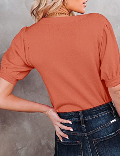 Image of Womens Puff Short Sleeve Sweater Tops Crewneck Basic Knit Pullover Lightweight Solid Casual Sweaters