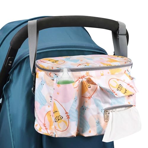 Kinderwagen Organizer Universal, Kinderwagentaschen Buggy Kinderwagentasche Baby Zubehör mit Reißverschlusstasche, Schultergurt und Stauraum für Windeln&Handys (Gelb)