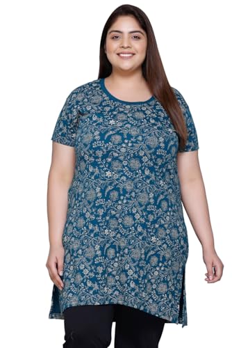 Image of RYSH Women's All-Over Printed Cotton Plus Size Longline T-Shirt Half Sleeve with Pockets Turquoise L