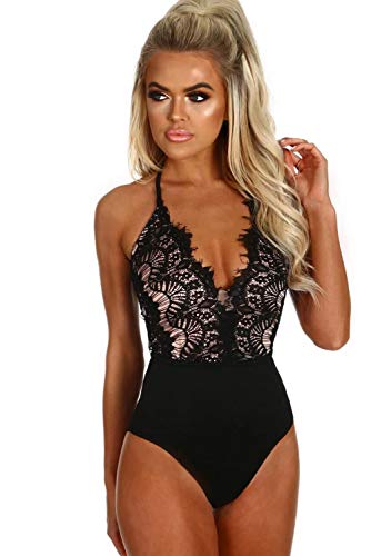 FreestyleMo Damen Eleganter Body Dessous Ärmellos Spitze Sommer Bodysuit Negligees Overall Tops Reizwäsche Babydoll Nachtwäsche (S, Schwarz) Cover