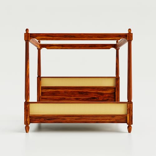 Image of Sheesham Wood Poster Bed King Size | Solid Wood Poster Bed Cot Wooden Double Bed Furniture for Bedroom Home and Hotel | Wooden Palang Divan (Natural Finish)