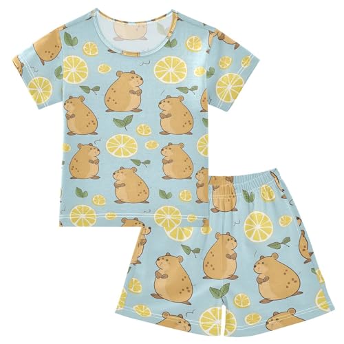 ALAZA Cute Capybara Fruit Lemon Pajamas Short Sleeve 2 Piece Sleepwear Top and Bottom Pajama Set Unisex