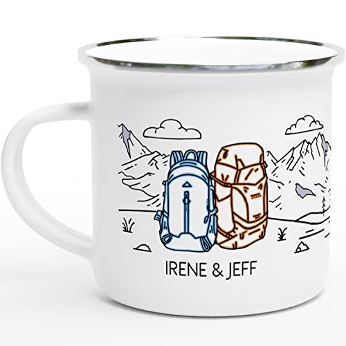 Camping Mug Enamel. Custom Name Ceramic Campfire Coffee Mug. Personalized Wedding Engagement Camp Cup, Christmas Gift for Couple Friend Husband Wife (Backpack Adventure)