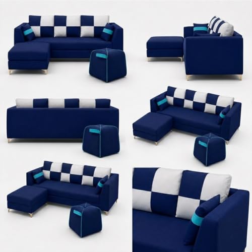 Image of FURNY Signature Cresta 5-Seater L-Shape Sofa Set with Movable Ottoman & Suri Pouf | Flexible LHS /RHS Layout | Boston Fabric | 40D Foam + Zigzag Spring | 3-Yr Warranty (Midnight Blue, Light Grey)