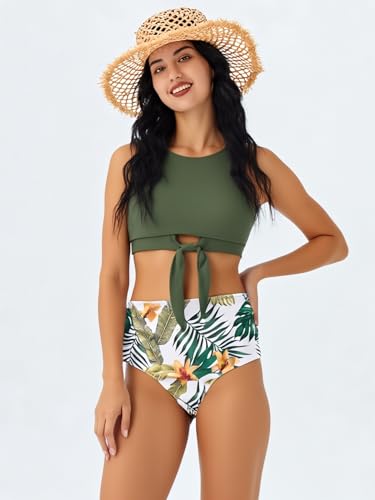 IFFEI Family Matching Swimsuits Two Pieces Bikini Set Floral Leaf Printed Mommy and Me Bathing Suits3