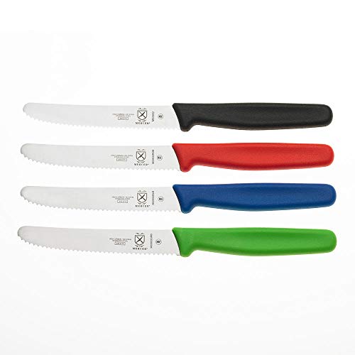 Image of Mercer Culinary M33932BLB Bar Knife, 4-5 /16 inch Wavy Edge, Rounded Tip, Blue