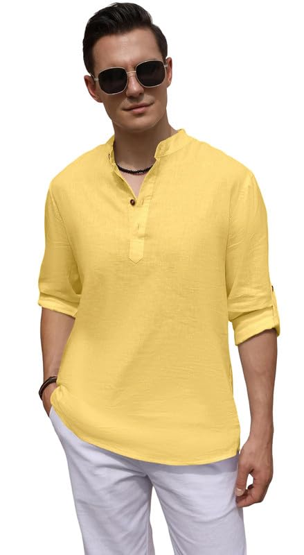 Image of ROYALSCOUT Men's Cotton Blend Casual Short Kurta Shirt with Notch Neck and Button Detail | Full Sleeve Straight Fit Lightweight Ethnic Top for Summer