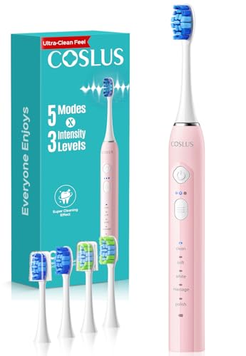 COSLUS C30 Electric Toothbrush for Adults & Kids: 3 Intensities & 5 Modes for Effective Yet Gentle Ultra-Clean Feel, 2 Types of Heads for Gentle or Daily Care, Travel & Home Use, Pink, 1PC