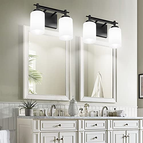 Image of Aipsun Black Bathroom Vanity Lights Fixtures Vintage 2 Lights Sconces Industrial Vanity Lighting Fixtures Milky Glass Shades(Exclude Bulb)