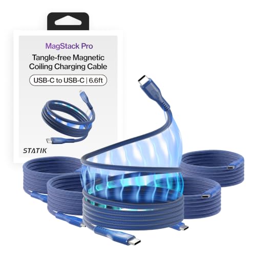 Image of Statik MagStack Pro USB C to USB C Coiling Magnetic Charging Cable,100W | Nylon Braided Tangle-Free Design, Magnetic Coiling, Data Transfer, Compatible with iPhone & Android, 6FT Navy, 5 Pack