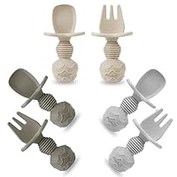 PandaEar 6 Pack Silicon Babylöffel und Gabel Fütterung Set-Gegenkokals Erstes selbstfüttere Utensilien für Baby-LED-Absetzerhäuser im Alter von 3 Monaten (Tan Walnussgrau)