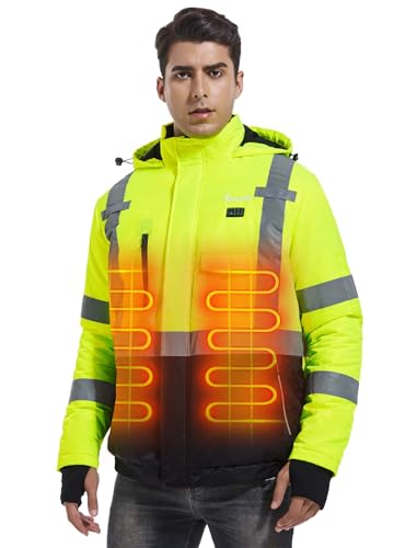 Eoyekli Safety Heated Jacket with Battery Pack - 20000mAh, Class 3 Hi-Vis Waterproof Work Hoodie, 3M Reflective Tape,High Visibility Work Construction Coats for Cold Weather