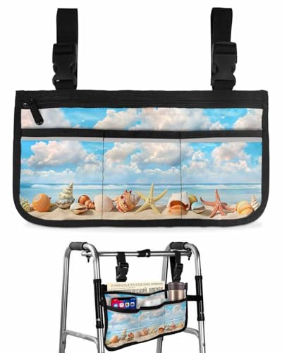 Anzona Summer Beach Wheelchair Side Bag Walker Bag, Coastal Conch Ocean Shell Wheelchair Accessories Armrest Pouch, Organizer Storage Bag for Walkers, Rollators, Scooters, 7.3''x13''