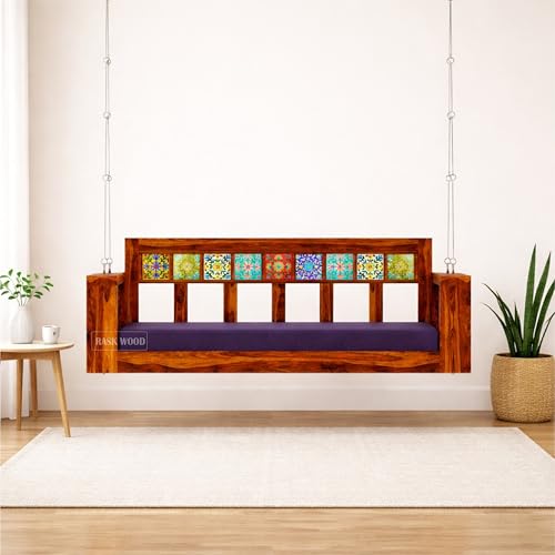 Image of Wooden Swing for Living Room, Solid Sheesham Wood 3 Seater Jhula with Cushion, Heavy Duty Indoor Hanging Sofa Bench for Balcony & Home | Natural Finish