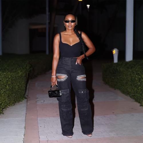 Women's Cutout Wide Leg Cargo Jeans Y2K High Waisted Baggy Denim Pants with Crystal Diamond Embellishments4