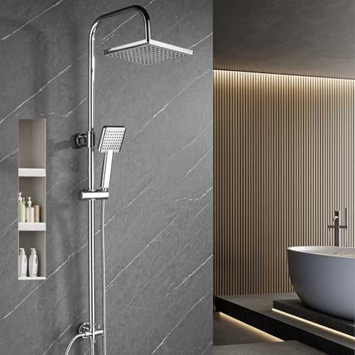 Ronvie Adjustable Shower Riser Rail Kit with 8 Square Rainfall Shower Head & Handheld Spray, Dual-Function Brass Diverter Valve, Height/Angle Adjustable Anti-Leak System for Modern Bathrooms
