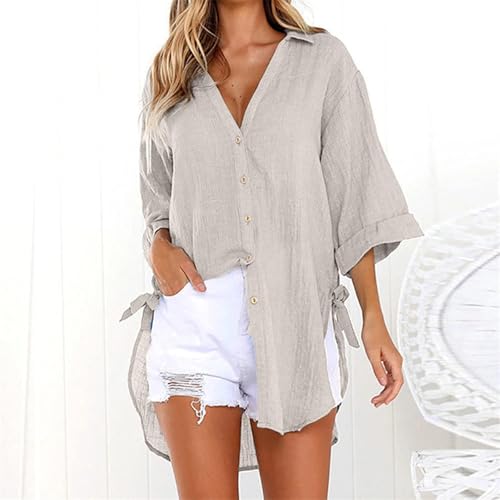 Cotton Linen Button Shirt for Women Summer Short Sleeve Collared V Neck Blouses Casual Asymmetrical Tops2