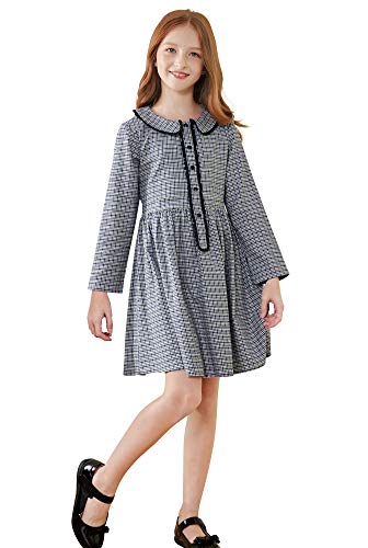 Image of SOLOCOTE Girls Plaid Dress Cotton Casual Spring Long Sleeve Dresses Peter Pan Collar 3-14Y