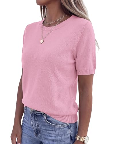 BTFBM Women's Short Sleeve Sweaters 2026 Summer Crew Neck Knit Work Shirts Business Casual Tops Basic Fall Fashion Clothing(Pink, XX-Large) — view 5