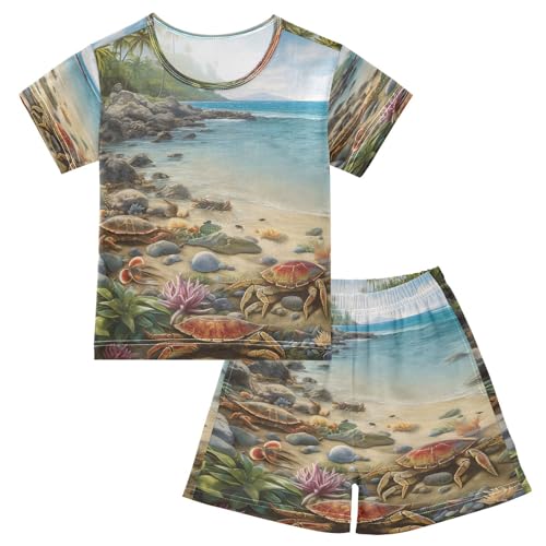 ALAZA Ocean Sea Crab Reef Turtle Pajamas Set Short Sleeve Cotton Sleepwear Summer Pjs 2 Piece 5-14Y
