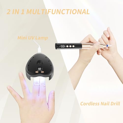 Denabuty Cordless Electric Nail Drill File: 35000RPM Professional Nail Drill Machine with UV LED Nail Lamp Charging Base, Manicure Pedicure Kit E File for Acrylic Gel Dip Powder Polish Black — view 2