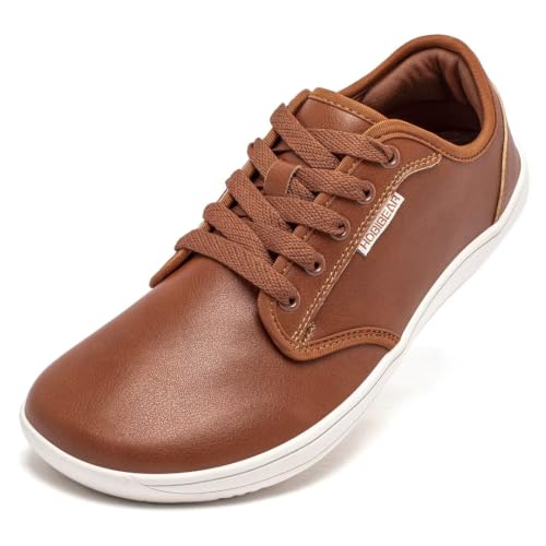 HOBIBEAR Unisex Breite Barfuss Schuhe Damen Herren Barfußschuhe Leder Minimalistische Outdoor Trail Running Walking Schuhe(Braun,45)