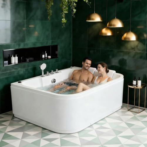 Whirlpool Bathtub for Two Person 2 Person Hot Tub Spa Jetted Soaking Freestanding Acrylic 61 Inch Massage Tub with 16 Jets Heater Multicolor LED UL Home Bathroom