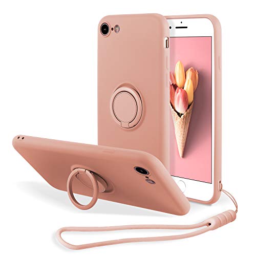 UEEBAI Case for iPhone SE 2020 iPhone 7 iPhone 8, Slim Liquid Silicone Phone Case with 360 Rotatable Ring Holder Kickstand fashion Hand Strap with Magnetic Car Mount Shockproof TPU Bumper cover - Pink