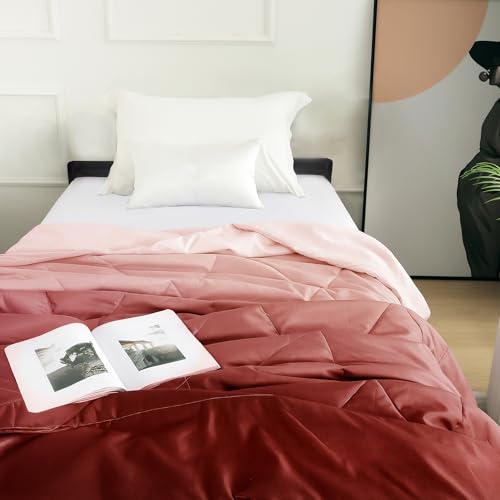 Image of Ac Comforter Single Bed Ombre with Satin Finish 240 GSM - Reversible AC Comforter - Peach & Red Comforter Quilt Duvet Dohar Blanket for Summer 150 x 225cm