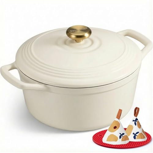 Overmont Enameled Cast Iron Dutch Oven - 5.5QT Pot with Lid Cookbook & Cotton Potholders - Heavy-Duty Cookware for Braising, Stews, Roasting, Sourdough Baking White